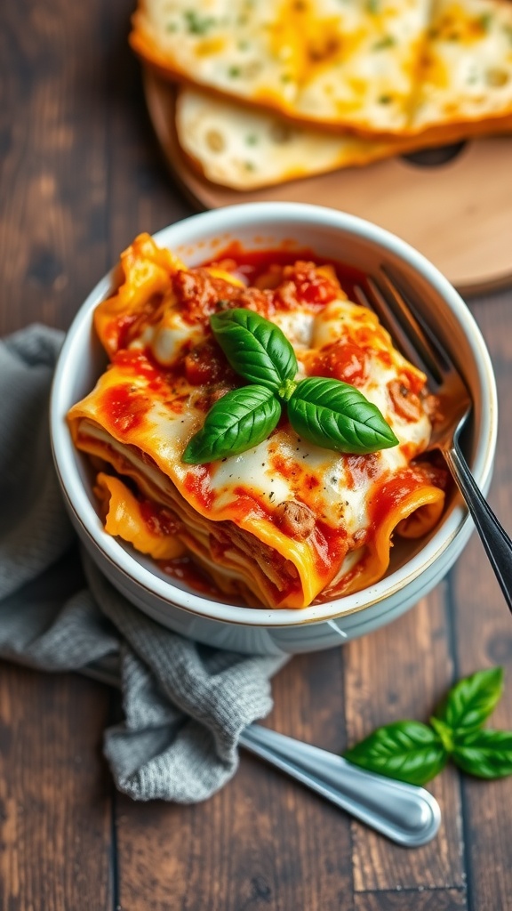 A delicious bowl of cheesy lasagna with meat sauce and basil, served with garlic bread.